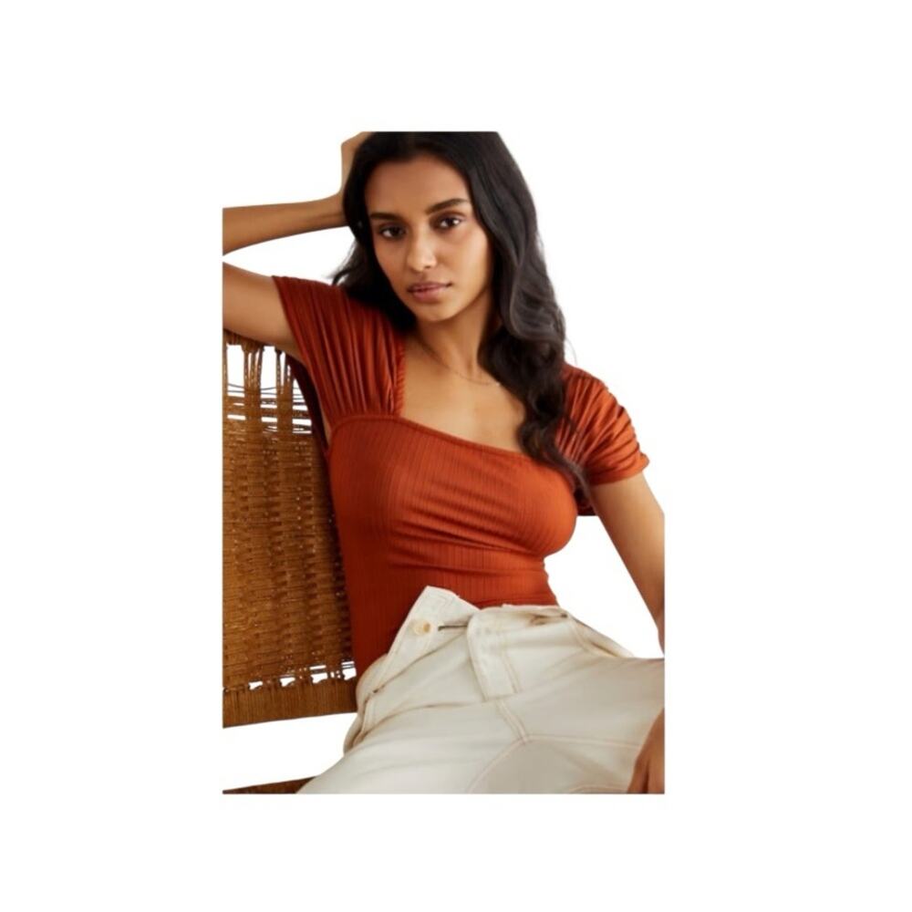 Free People Burnt Orange Ruched Gathered Sleeves Squareneck Bodysuit Size XS